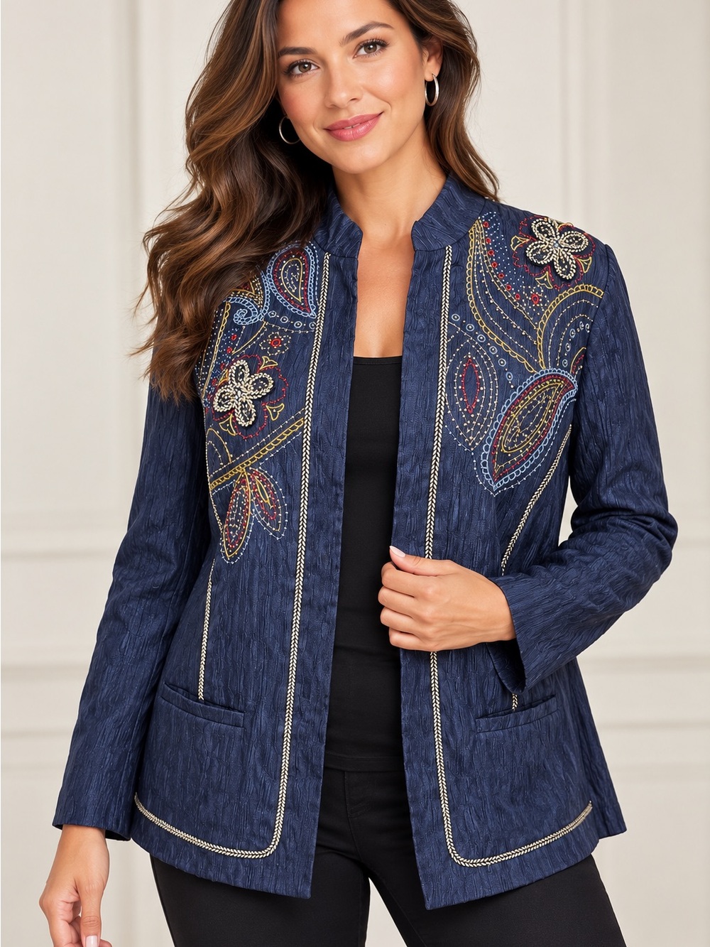 Alfred Dunner Navy Embroidered Paisley Jacket Blazer Size 14